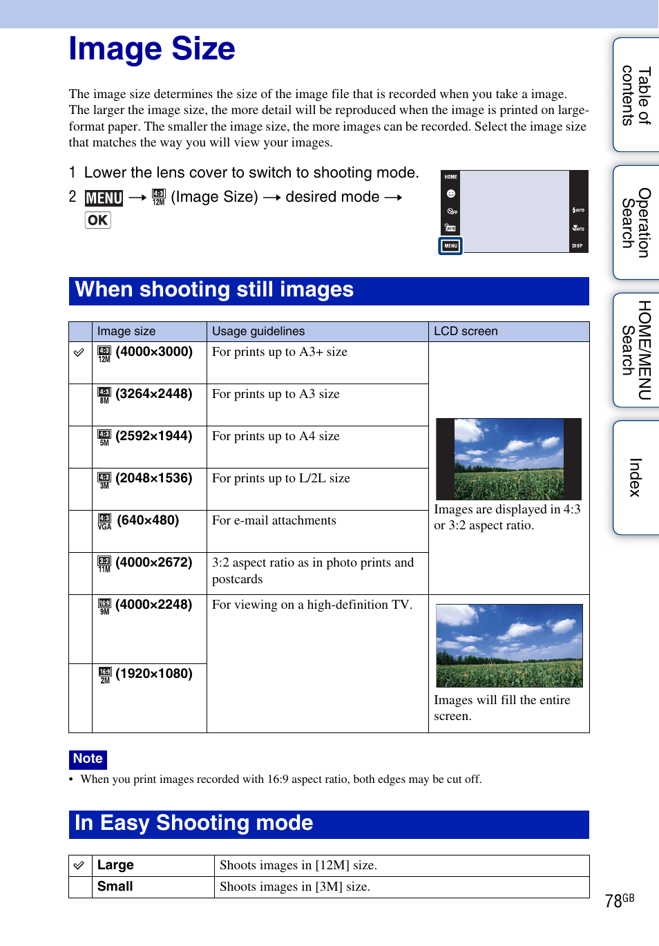 Image size, When shooting still images | Sony DSC-T900 User Manual | Page 78 / 170