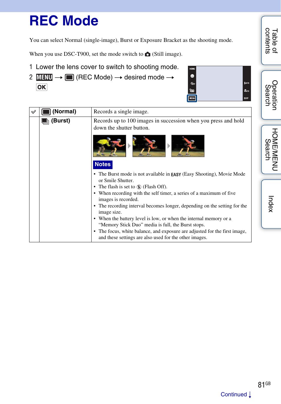 Rec mode | Sony DSC-T900 User Manual | Page 81 / 170