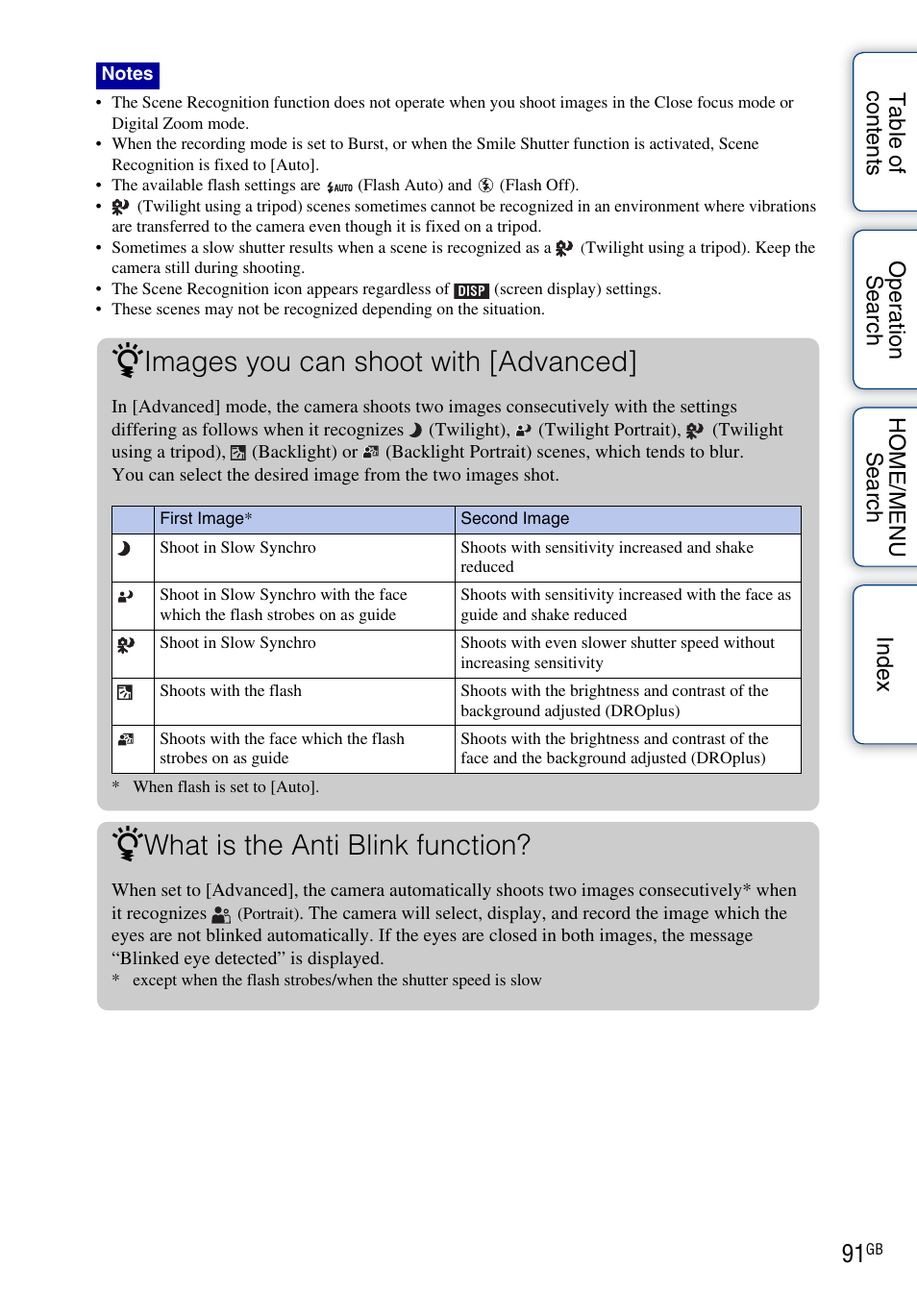 What is the anti blink function, Images you can shoot with [advanced | Sony DSC-T900 User Manual | Page 91 / 170