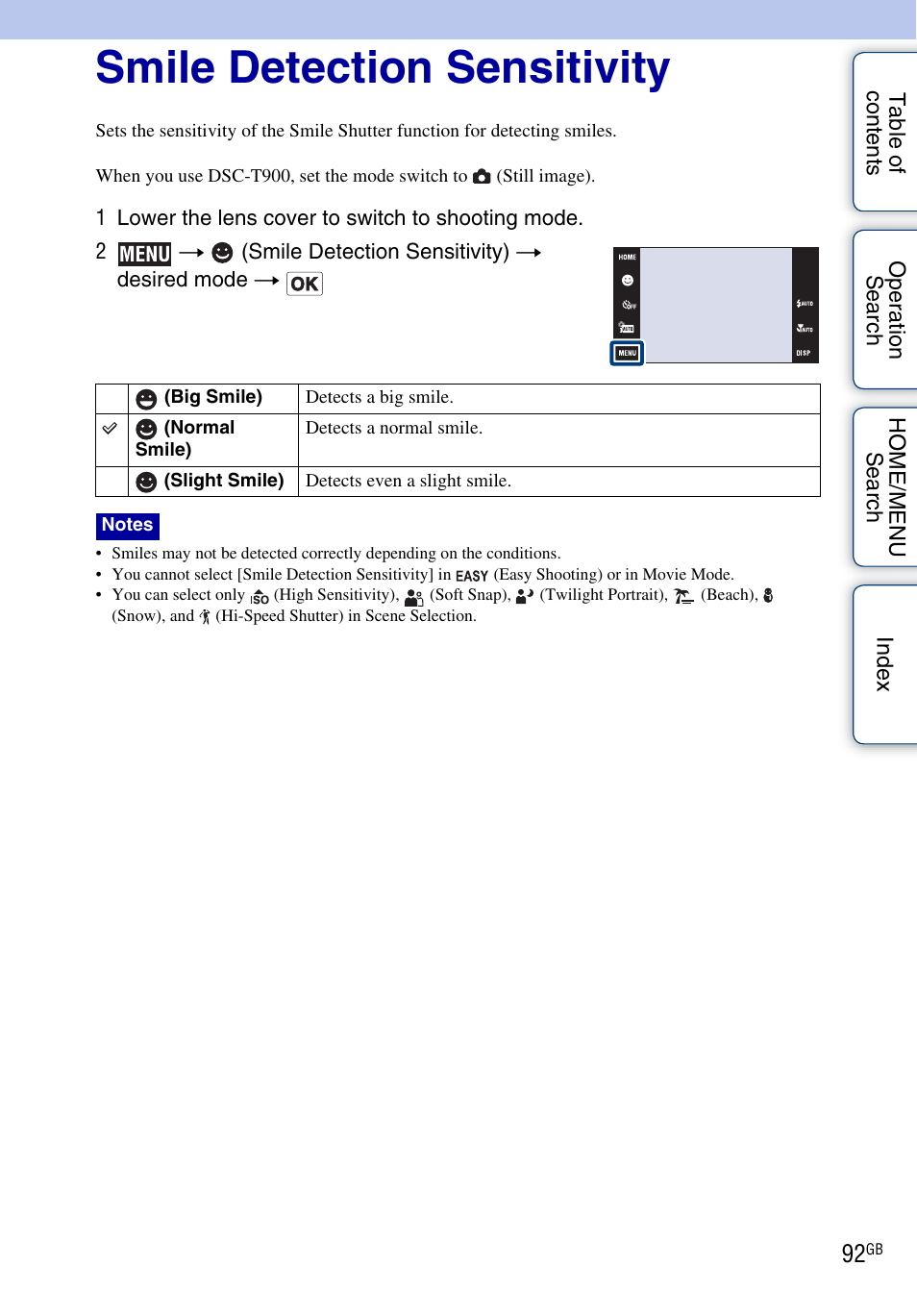 Smile detection sensitivity | Sony DSC-T900 User Manual | Page 92 / 170