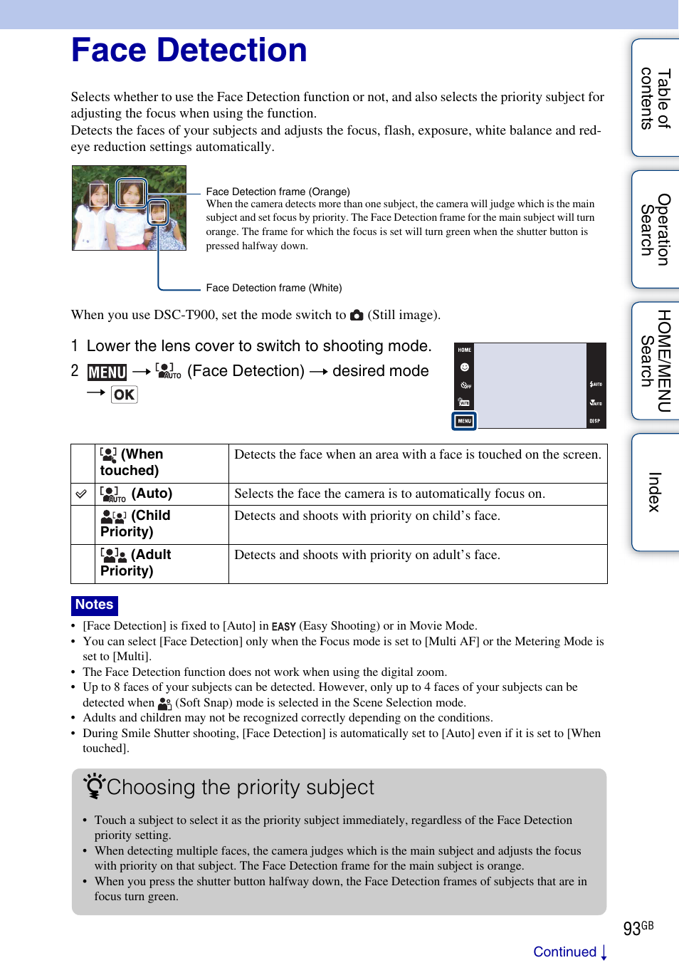 Face detection, Choosing the priority subject | Sony DSC-T900 User Manual | Page 93 / 170