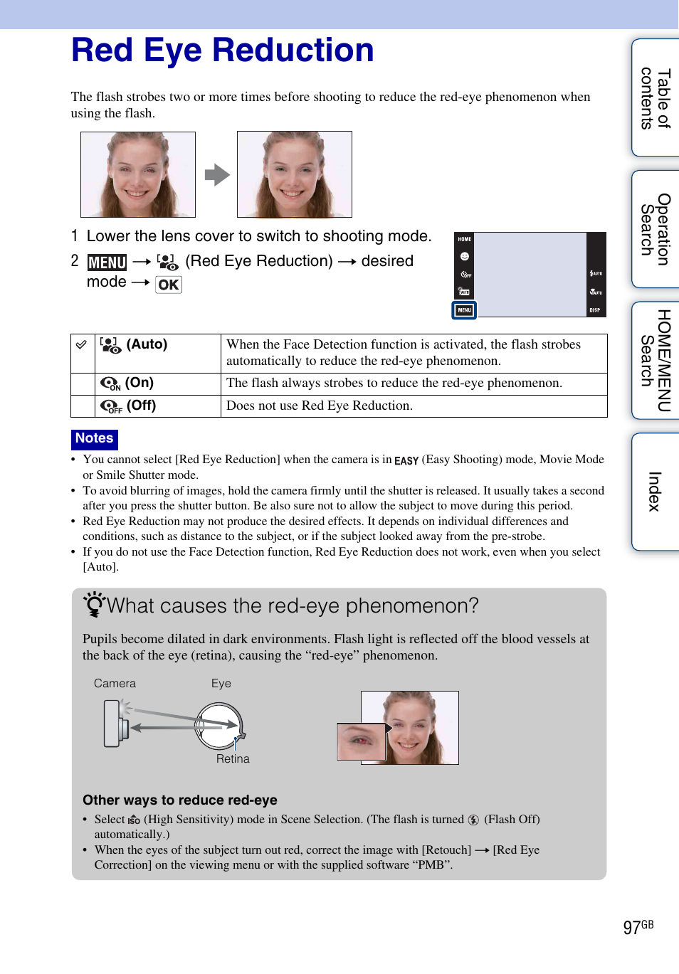 Red eye reduction, What causes the red-eye phenomenon | Sony DSC-T900 User Manual | Page 97 / 170