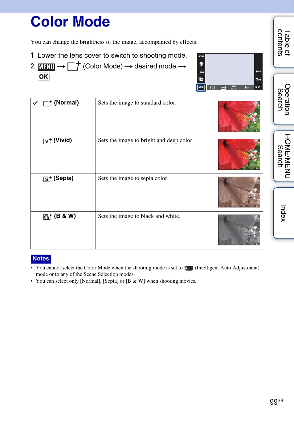 Color mode | Sony DSC-T900 User Manual | Page 99 / 170