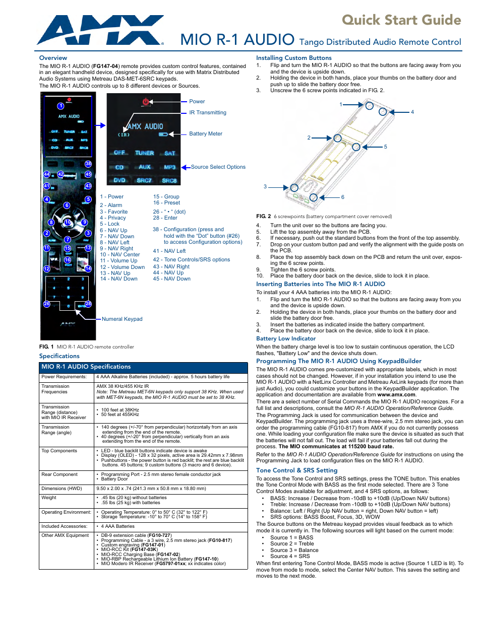 AMX MIO-R1-AUDIO User Manual | 2 pages