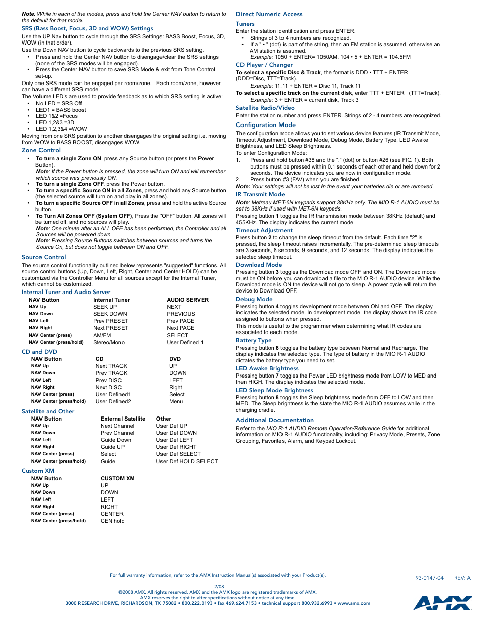 Srs (bass boost, focus, 3d and wow) settings, Zone control, Source control | Internal tuner and audio server, Cd and dvd, Satellite and other, Custom xm, Direct numeric access, Tuners, Cd player / changer | AMX MIO-R1-AUDIO User Manual | Page 2 / 2