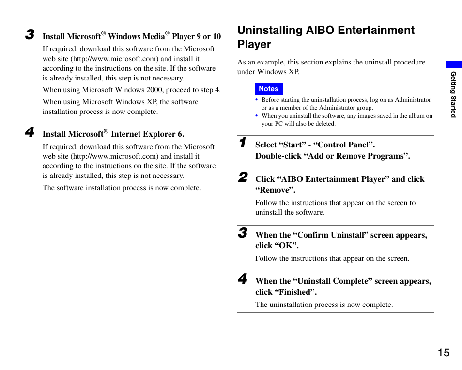 Uninstalling aibo entertainment player | Sony ERS-7M3 User Manual | Page 15 / 99