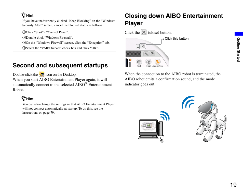 Second and subsequent startups, Closing down aibo entertainment player | Sony ERS-7M3 User Manual | Page 19 / 99