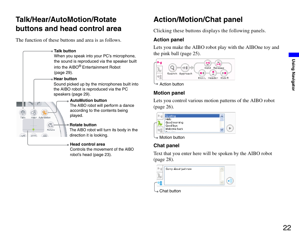 Action/motion/chat panel | Sony ERS-7M3 User Manual | Page 22 / 99