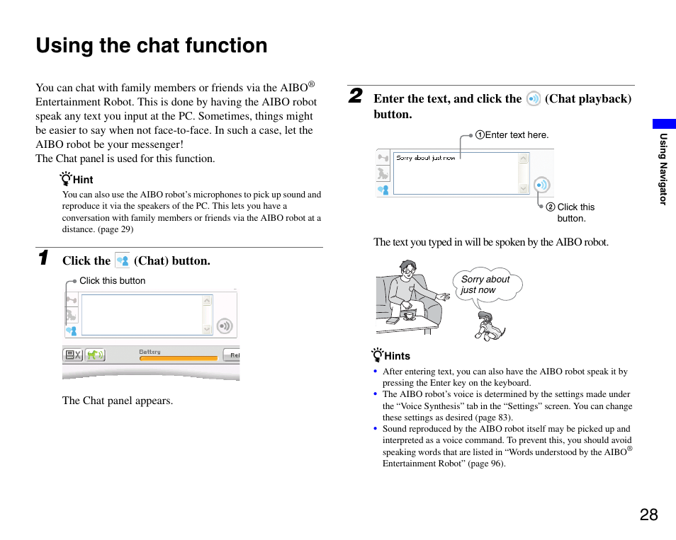 Using the chat function | Sony ERS-7M3 User Manual | Page 28 / 99