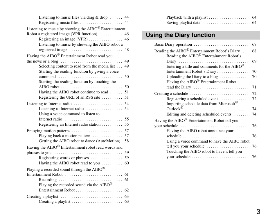 Using the diary function | Sony ERS-7M3 User Manual | Page 3 / 99