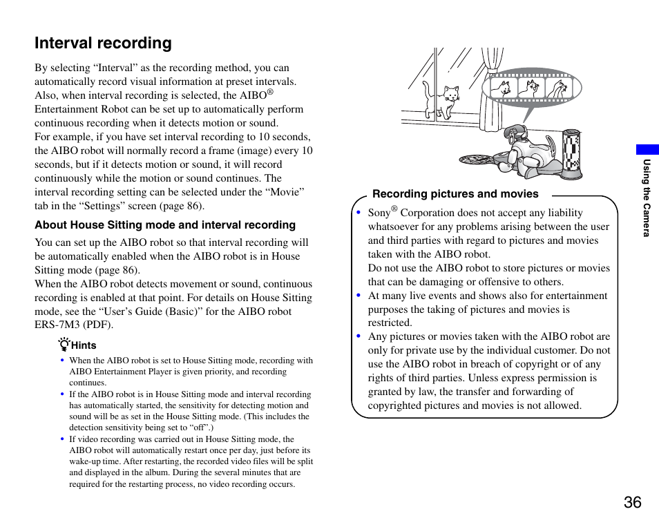 Interval recording, 36 interval recording | Sony ERS-7M3 User Manual | Page 36 / 99