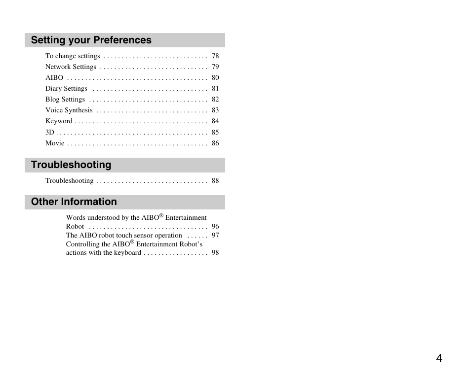 Setting your preferences, Troubleshooting, Other information | Sony ERS-7M3 User Manual | Page 4 / 99