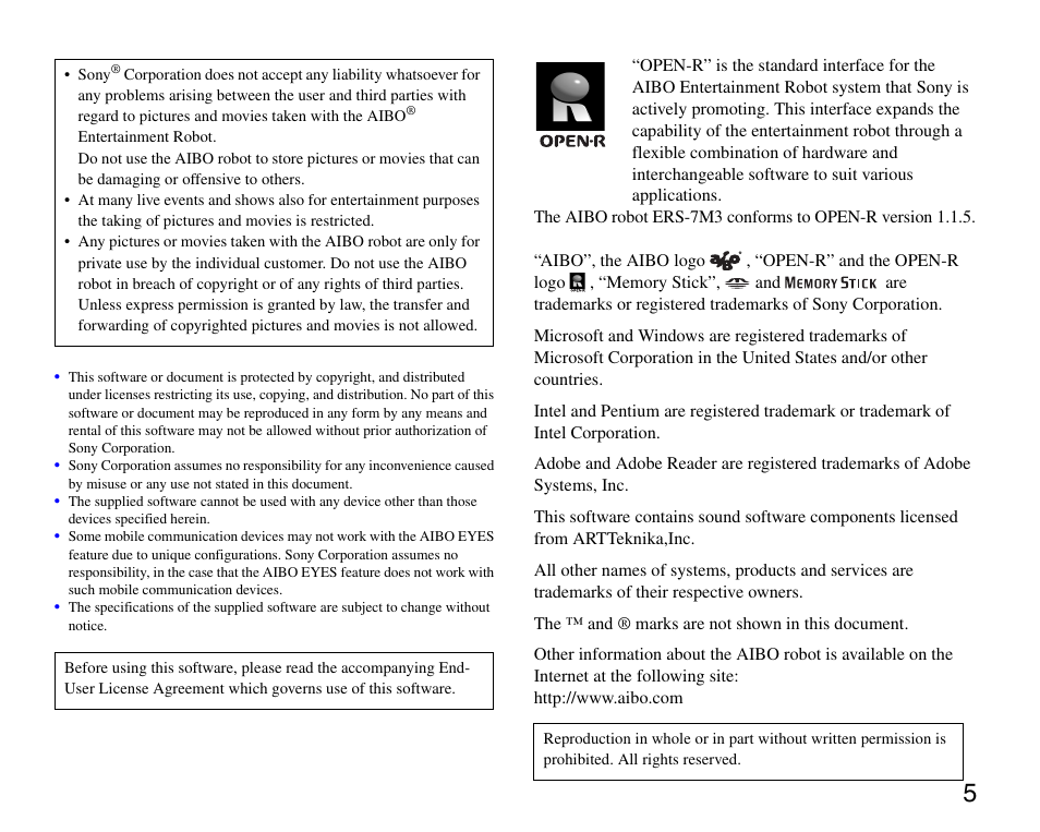 Sony ERS-7M3 User Manual | Page 5 / 99