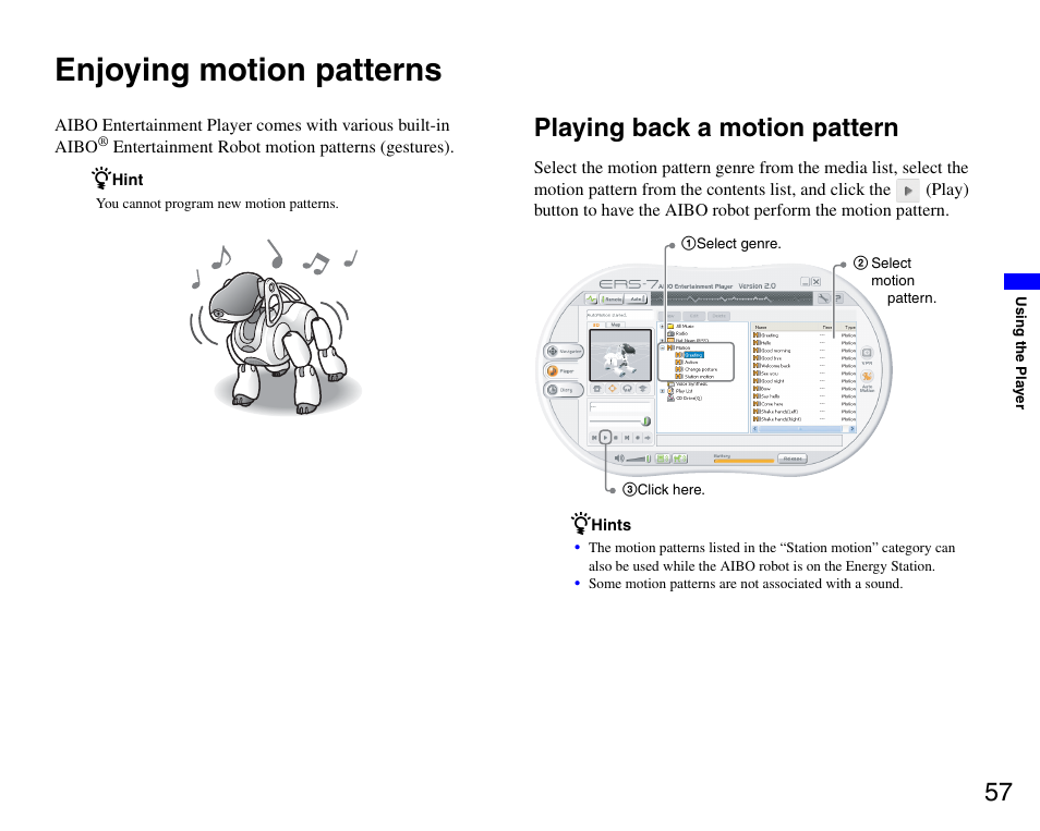 Enjoying motion patterns, Playing back a motion pattern | Sony ERS-7M3 User Manual | Page 57 / 99