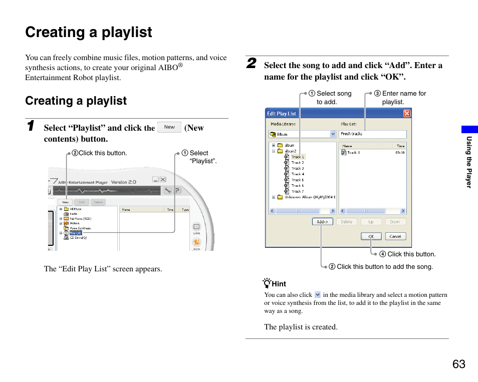 Creating a playlist | Sony ERS-7M3 User Manual | Page 63 / 99