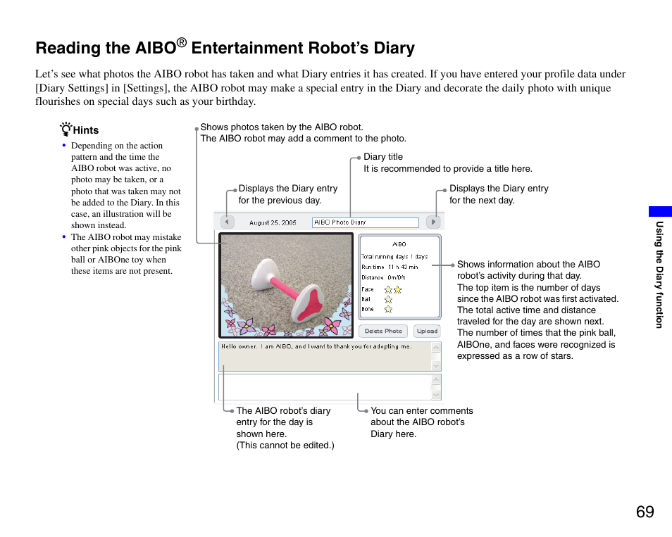 Reading the aibo® entertainment robot’s diary, Reading the aibo, Entertainment robot’s | Diary, 69 reading the aibo, Entertainment robot’s diary | Sony ERS-7M3 User Manual | Page 69 / 99