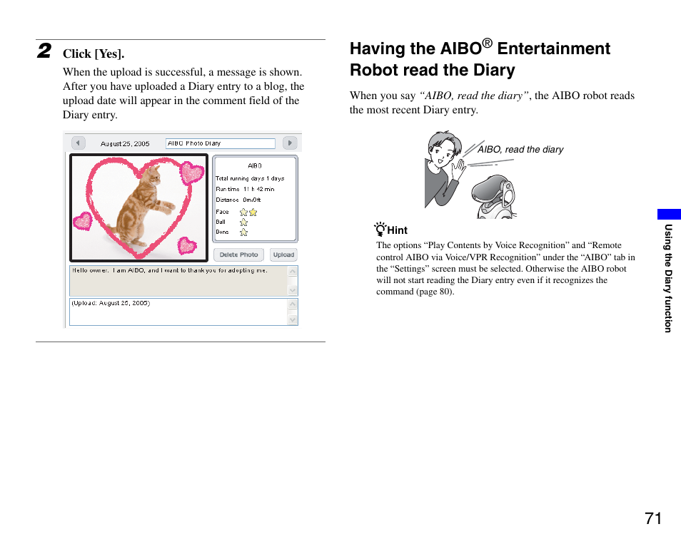 Having the aibo, Entertainment robot, Read the diary | Entertainment robot read the diary | Sony ERS-7M3 User Manual | Page 71 / 99