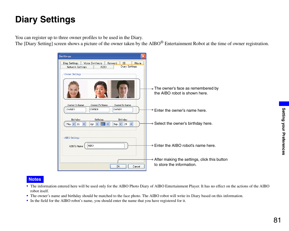 Diary settings | Sony ERS-7M3 User Manual | Page 81 / 99