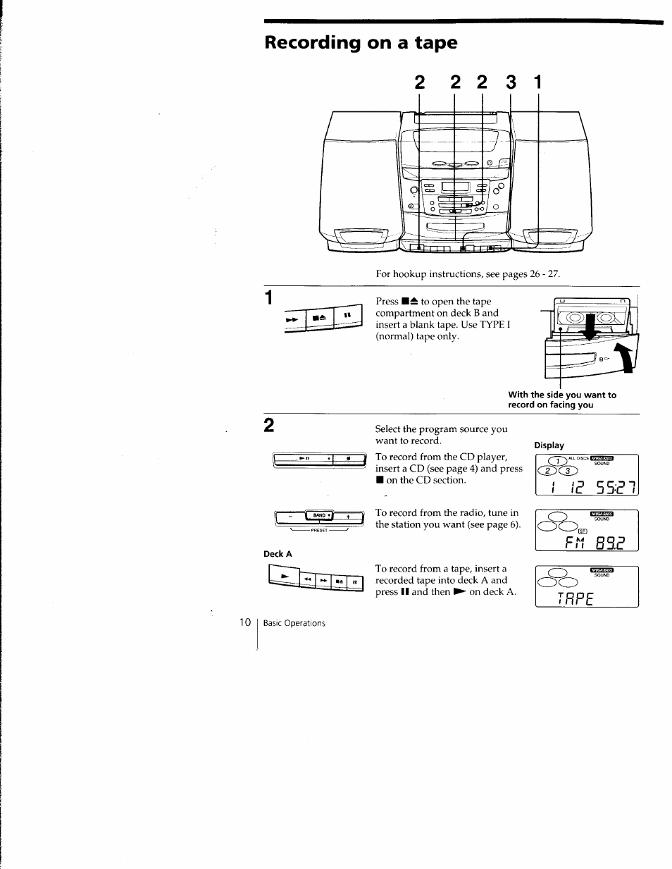 Display, Deck a, Recording on a tape | Sony CFD-C1000 User Manual | Page 10 / 36