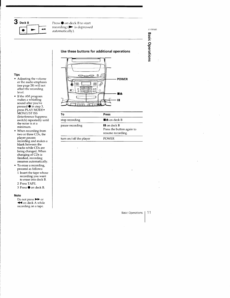 Deck b, Tips, Note | Use these buttons for additional operations | Sony CFD-C1000 User Manual | Page 11 / 36