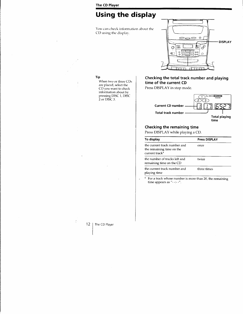 The cd player, Current cd number. total track number, Total playing time | Checking the remaining time, Using the display, Cz)cx) | Sony CFD-C1000 User Manual | Page 12 / 36