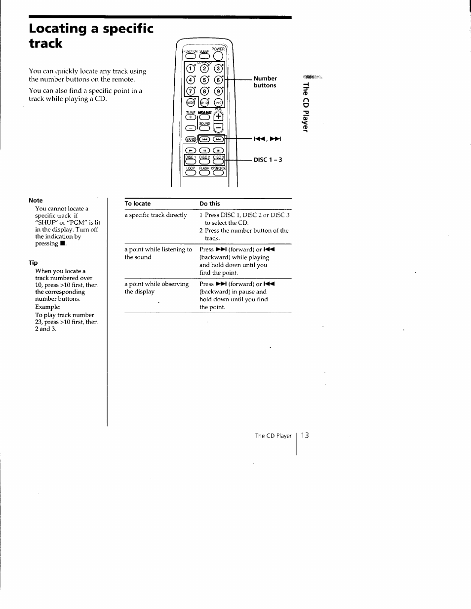 Cdicd, Zolcd, Number buttons | Disc 1-3, Note, Locating a specific track | Sony CFD-C1000 User Manual | Page 13 / 36