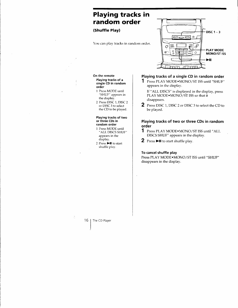 Shuffle play), Playing tracks of a single cd in random order, Playing tracks of two or three cds in random order | To cancel shuffle play, Playing tracks in random order | Sony CFD-C1000 User Manual | Page 16 / 36