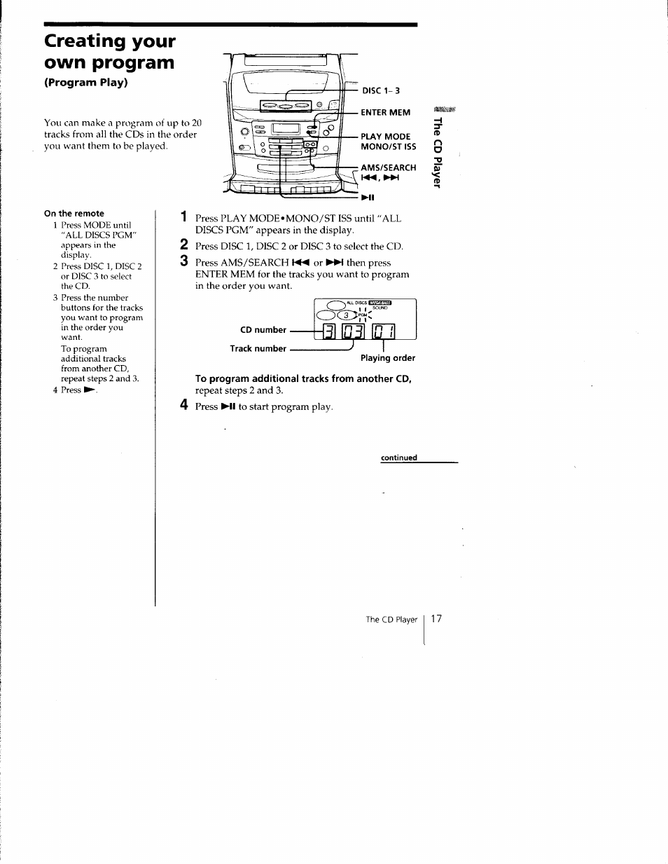 Program play), Cd number. track number, Playing order | To program additional tracks from another cd, Creating your own program | Sony CFD-C1000 User Manual | Page 17 / 36