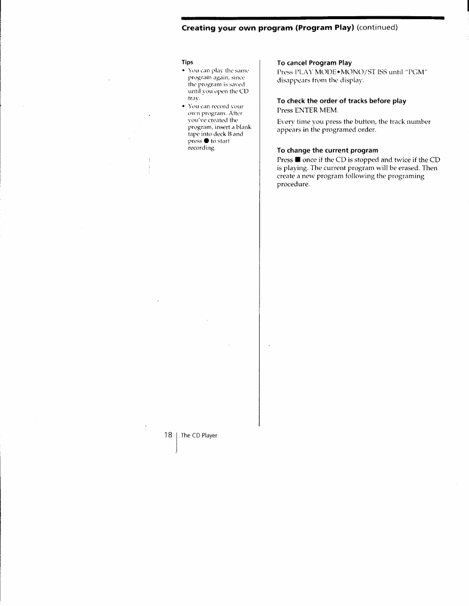To cancel program play, To check the order of tracks before play, To change the current program | Sony CFD-C1000 User Manual | Page 18 / 36