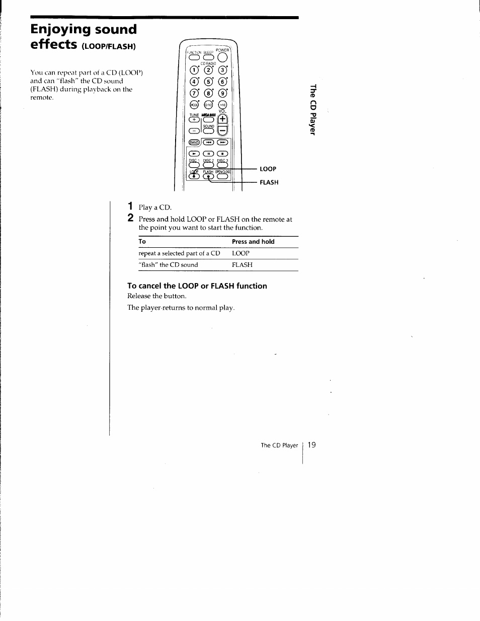 Ffocts (loop/flash), To cancel the loop or flash function, Enjoying sound ©ffocts | Sony CFD-C1000 User Manual | Page 19 / 36