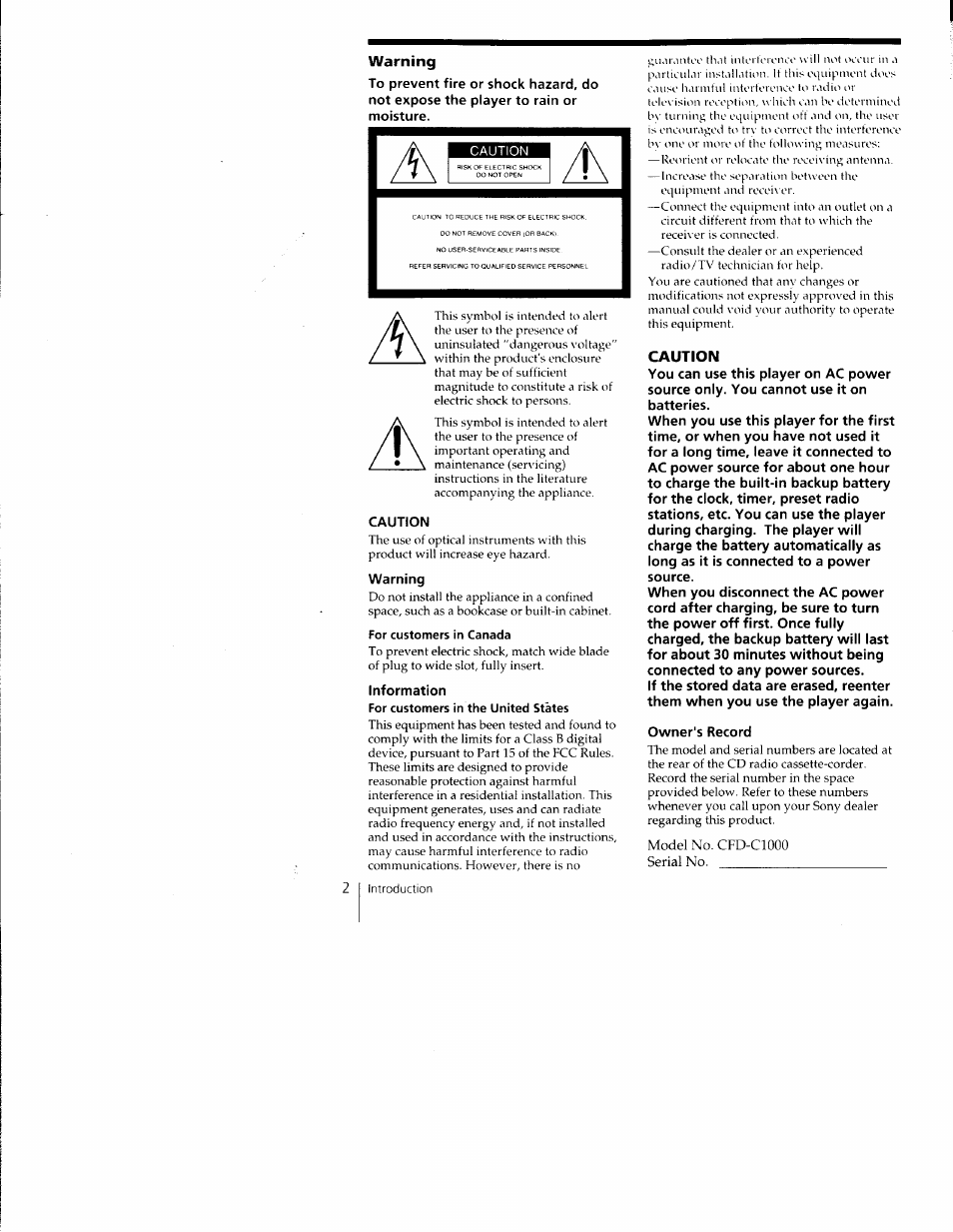 Warning, For customers in canada, For customers in the united states | Caution | Sony CFD-C1000 User Manual | Page 2 / 36