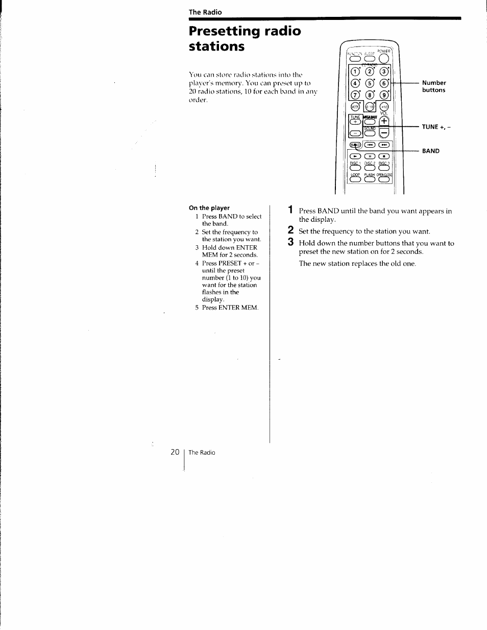 Number, Buttons, Band | Presetting radio stations | Sony CFD-C1000 User Manual | Page 20 / 36