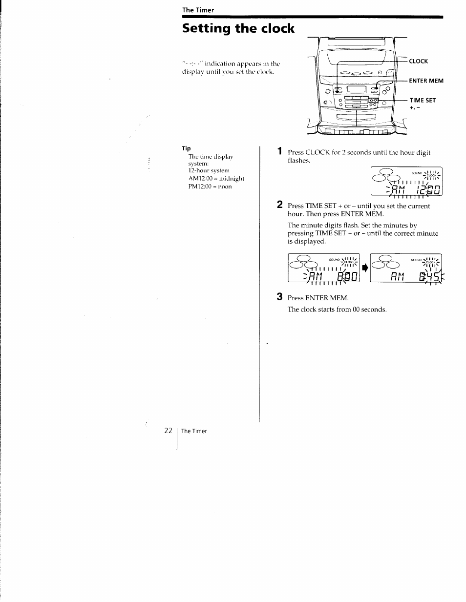 Setting the clock, Affi, N.p) n | Sony CFD-C1000 User Manual | Page 22 / 36