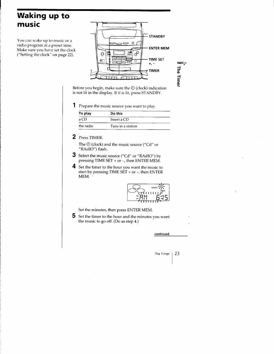 Waking up to music | Sony CFD-C1000 User Manual | Page 23 / 36