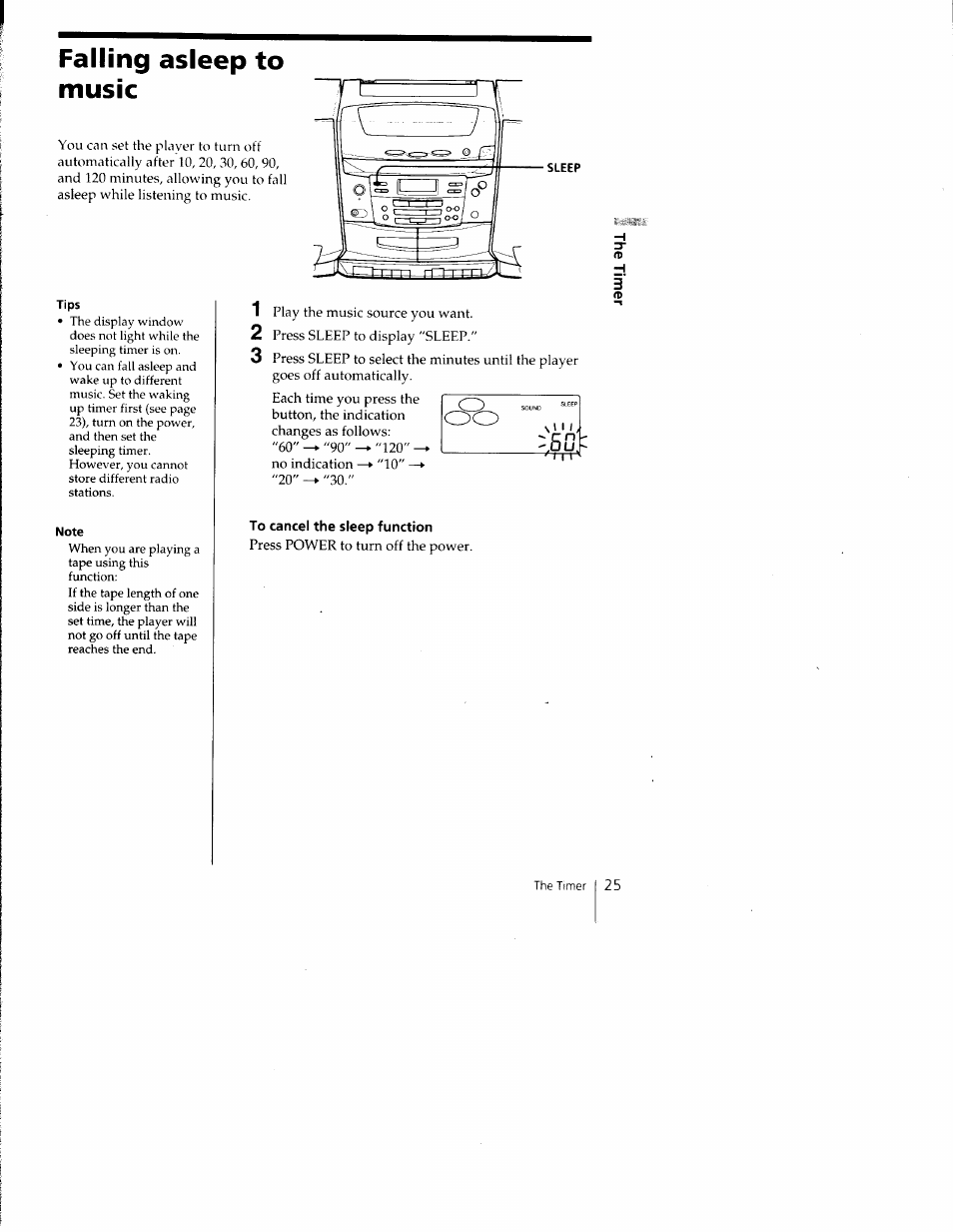 Tips, Note, To cancel the sleep function | Falling asleep to music | Sony CFD-C1000 User Manual | Page 25 / 36