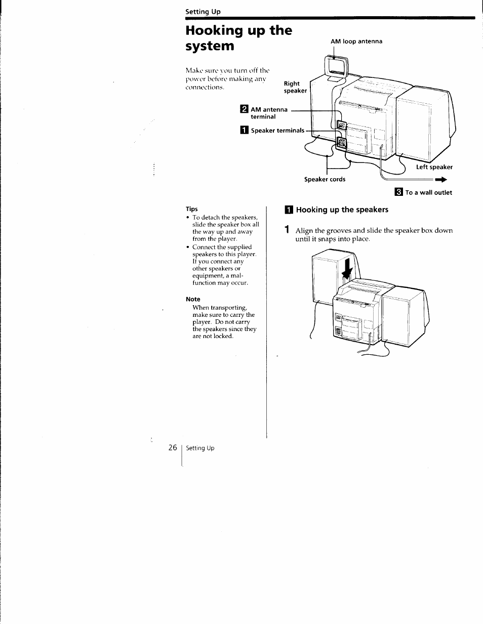 Setting up, Tips, Note | Hooking up the | Sony CFD-C1000 User Manual | Page 26 / 36