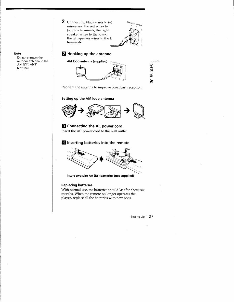 Note, Setting up the am loop antenna, E] connecting the ac power cord | Q inserting batteries into the remote, Insert two size aa (r6) batteries (not supplied), Replacing batteries | Sony CFD-C1000 User Manual | Page 27 / 36