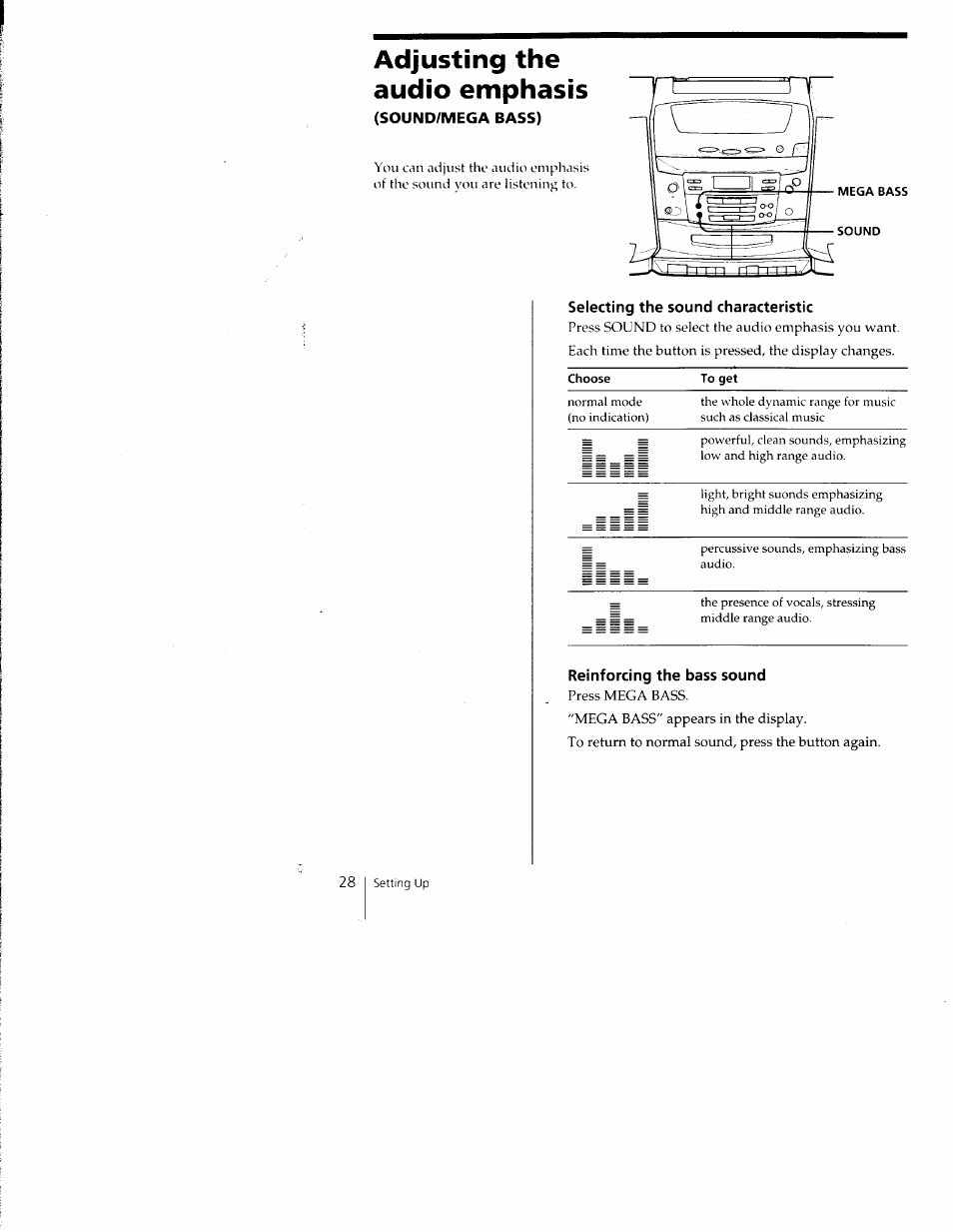 Sound/mega bass), Selecting the sound characteristic, To get | Reinforcing the bass sound, Adjusting the audio emphasis | Sony CFD-C1000 User Manual | Page 28 / 36