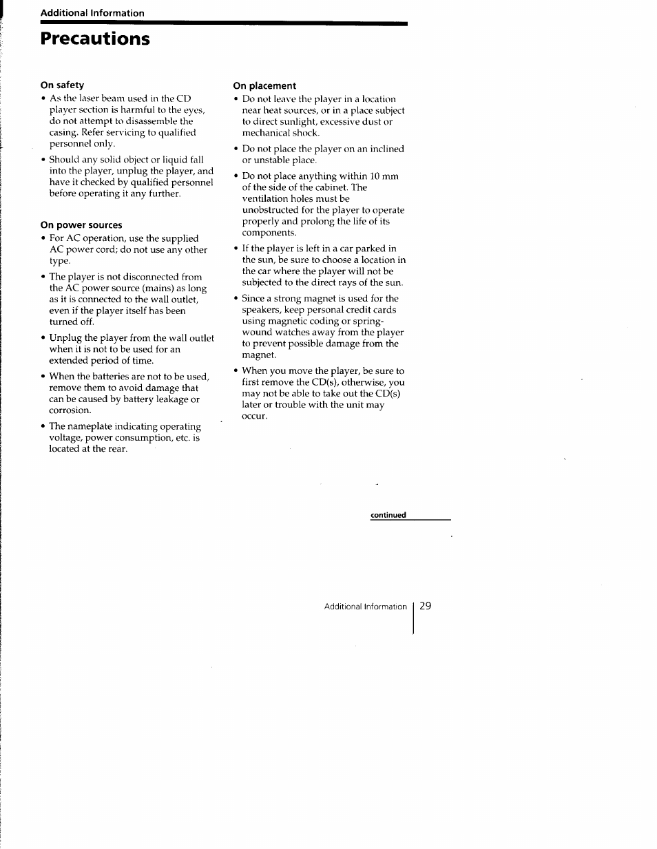 Additional information, On safety, On power sources | On placement, Precautions | Sony CFD-C1000 User Manual | Page 29 / 36