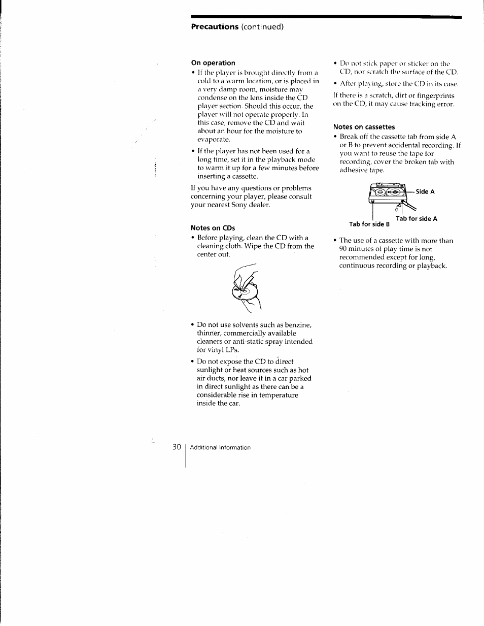 On operation, Notes on cds, Notes on cassettes | Tab for side b | Sony CFD-C1000 User Manual | Page 30 / 36