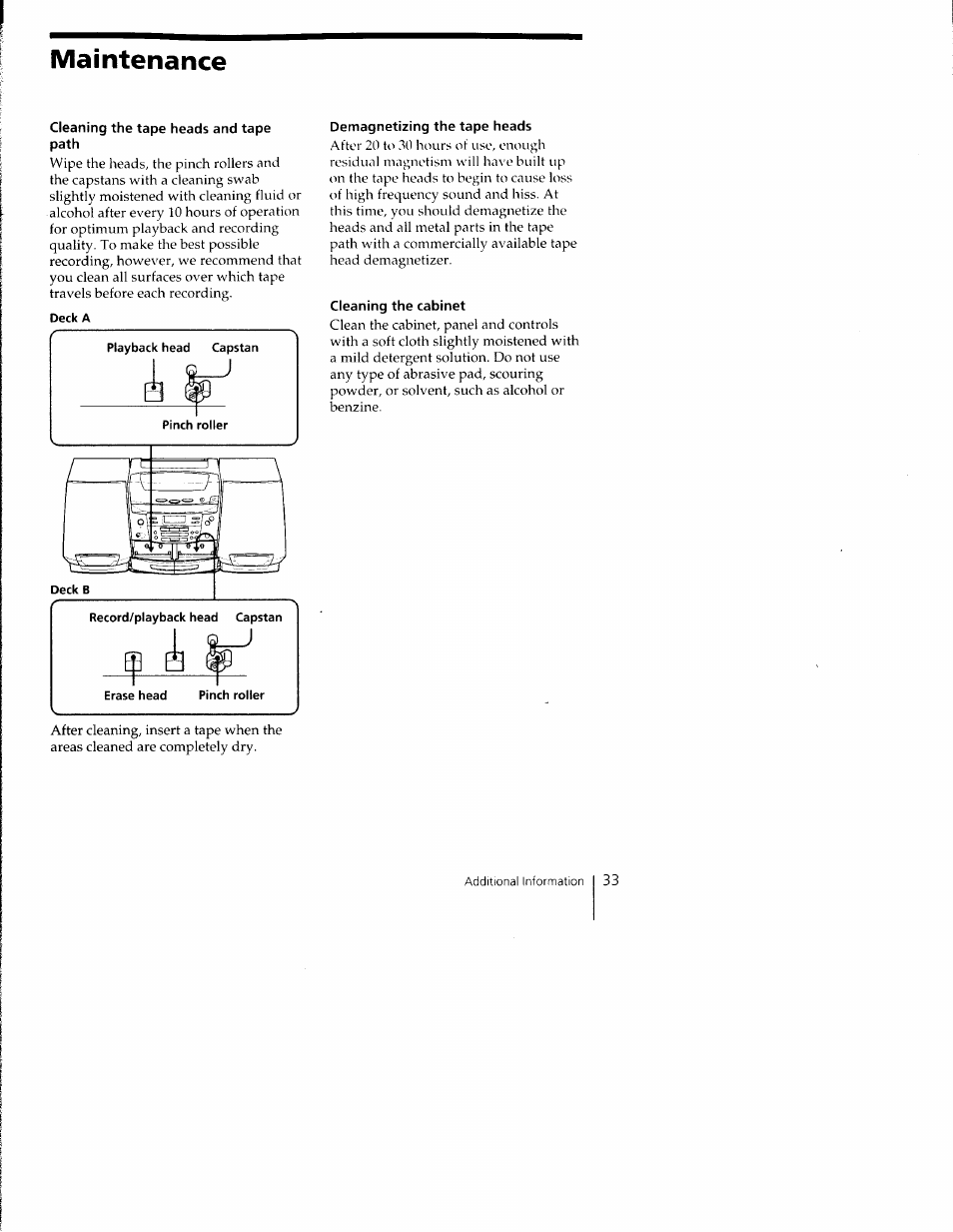 Cleaning the tape heads and tape path, Deck a, Demagnetizing the tape heads | Cleaning the cabinet, Maintenance | Sony CFD-C1000 User Manual | Page 33 / 36
