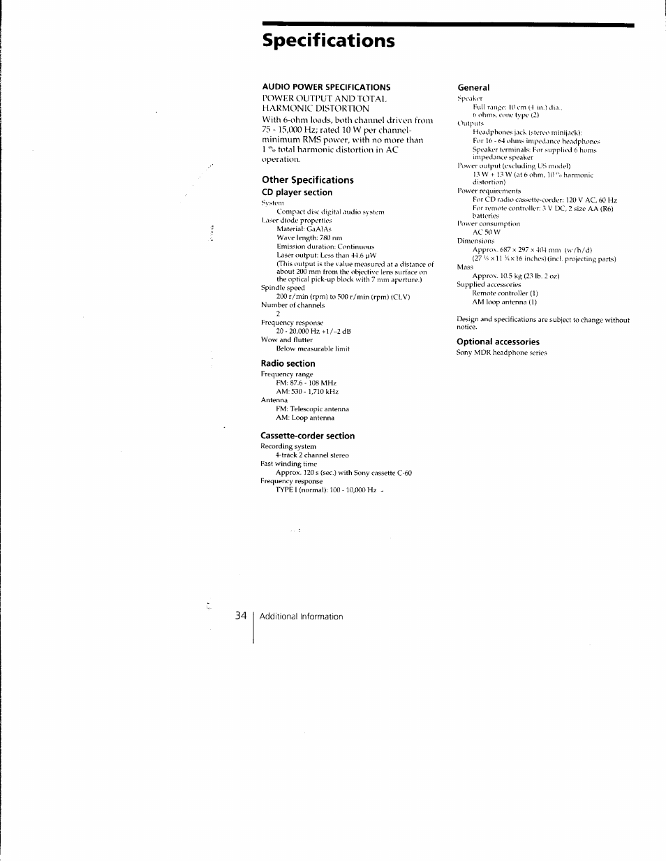 Audio power specifications, Other specifications cd player section, Radio section | Cassette-corder section, General, Optional accessories, Specifications, Other specifications | Sony CFD-C1000 User Manual | Page 34 / 36