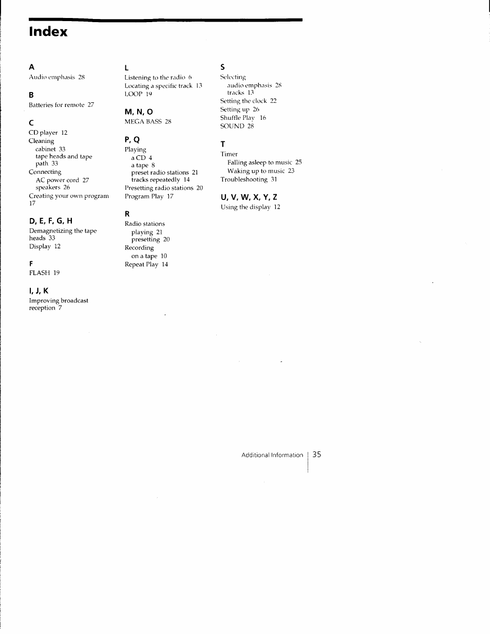 D, e, f, g, h, M, n, o, U, v, w, x, y, z | I, j, k, Index | Sony CFD-C1000 User Manual | Page 35 / 36