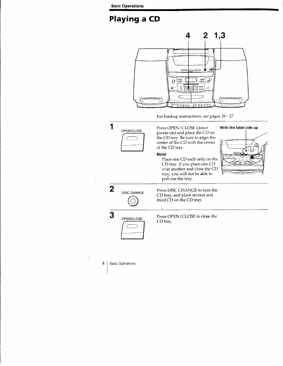 Basic operations, Note, Playing a cd | Sony CFD-C1000 User Manual | Page 4 / 36