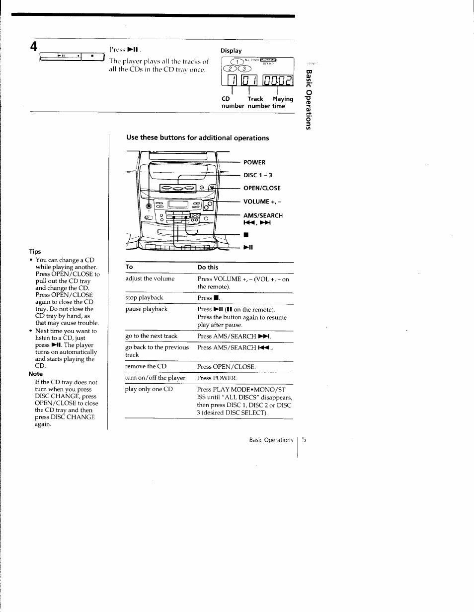 Display, Cd track playing number number time, Tips | Note, Use these buttons for additional operations, Nn-n 3, Uuut | Sony CFD-C1000 User Manual | Page 5 / 36