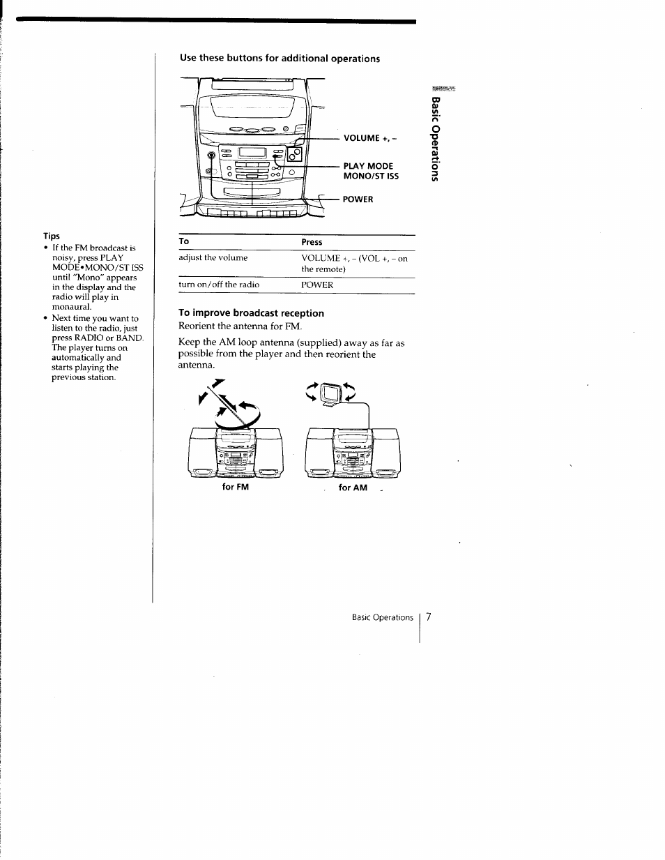 Tips, To improve broadcast reception | Sony CFD-C1000 User Manual | Page 7 / 36