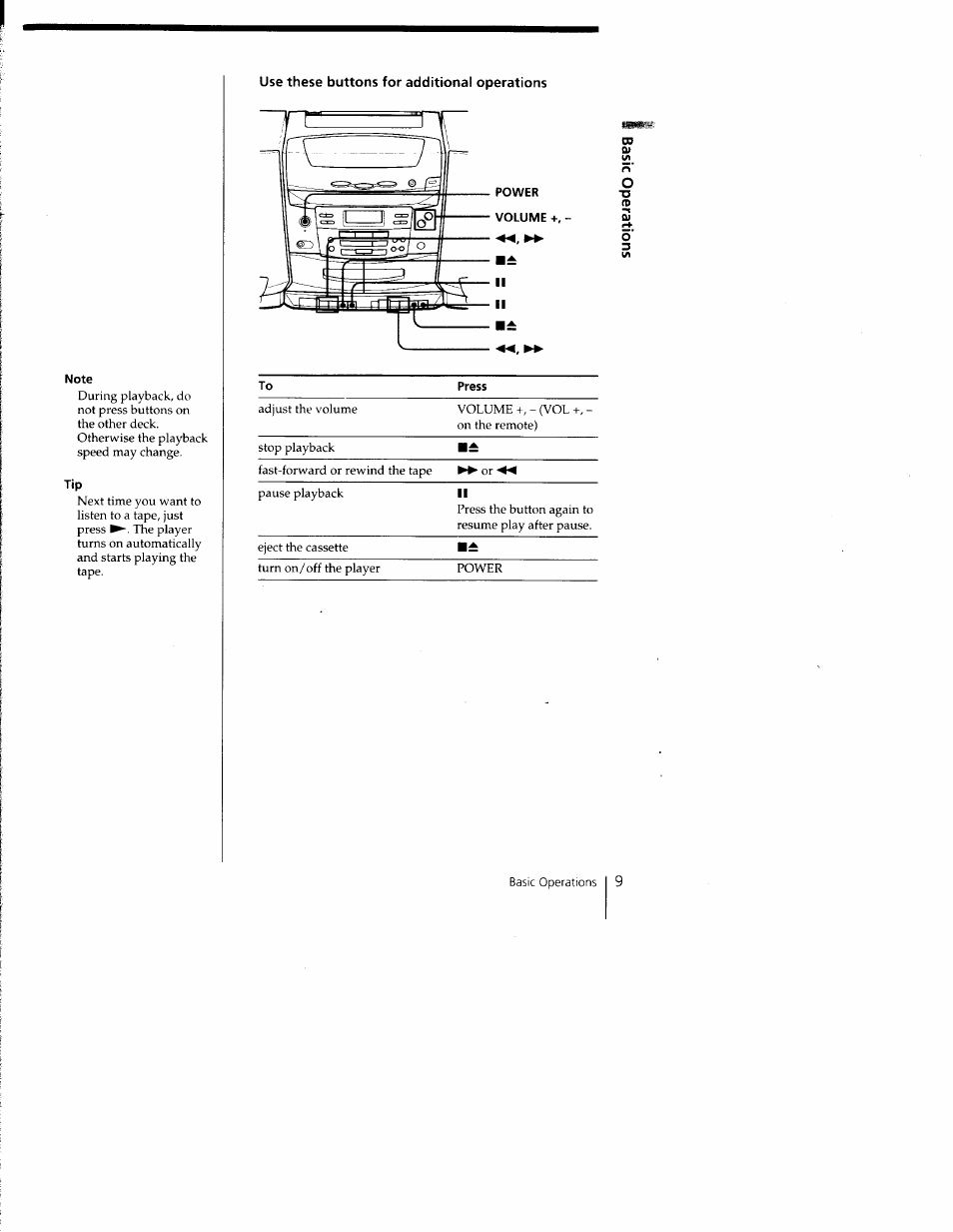 Note, Power, Volume | Sony CFD-C1000 User Manual | Page 9 / 36