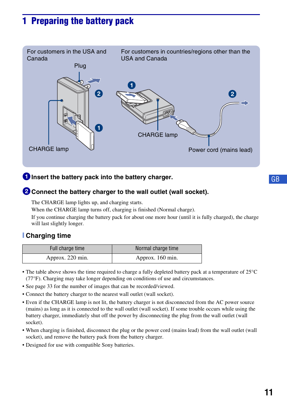 1 preparing the battery pack | Sony DSC-T500 User Manual | Page 11 / 84