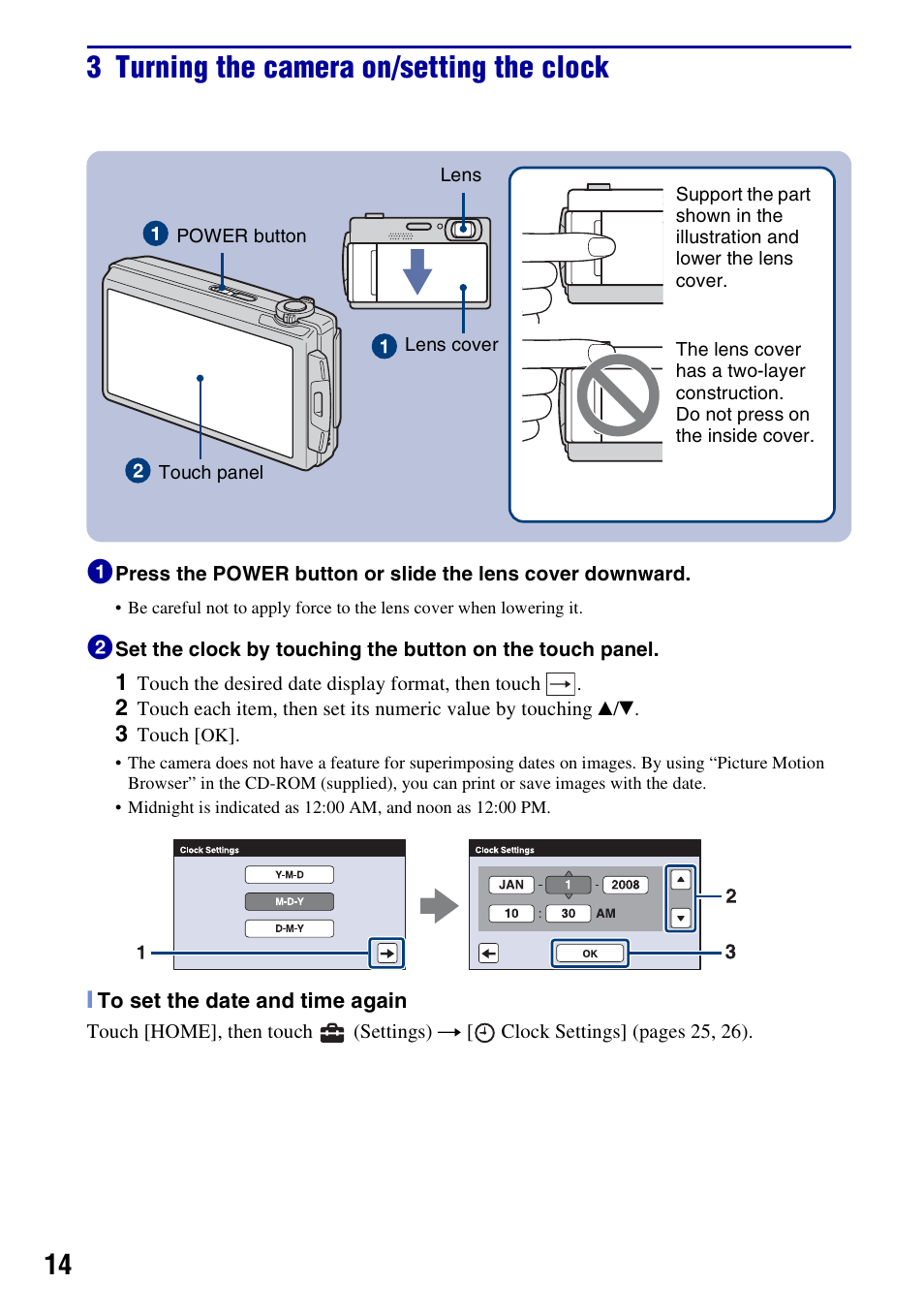 3 turning the camera on/setting the clock | Sony DSC-T500 User Manual | Page 14 / 84