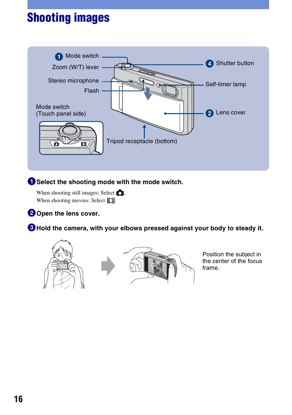 Shooting images | Sony DSC-T500 User Manual | Page 16 / 84